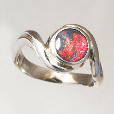 Stirling Silver ring with a SOLID BLACK OPAL Bright metallic fire red and copper red 
